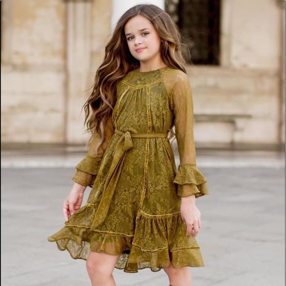 NWOT- Girls olive green stretch lace dress